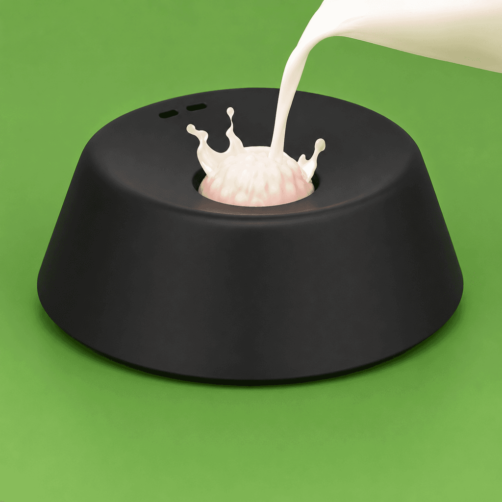 Clero black pet bowl with central raised design and milk being poured on green background