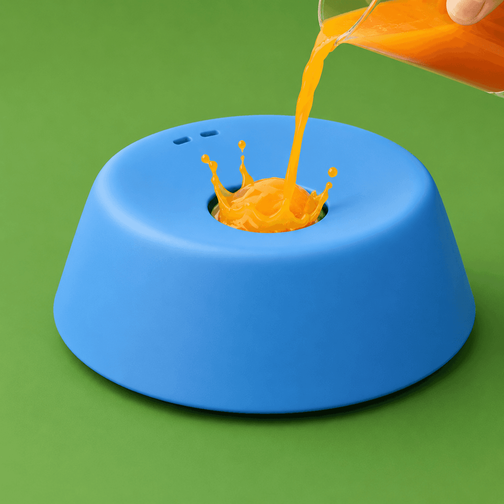 Clero blue pet bowl with spill-resistant design being filled with orange liquid on green background