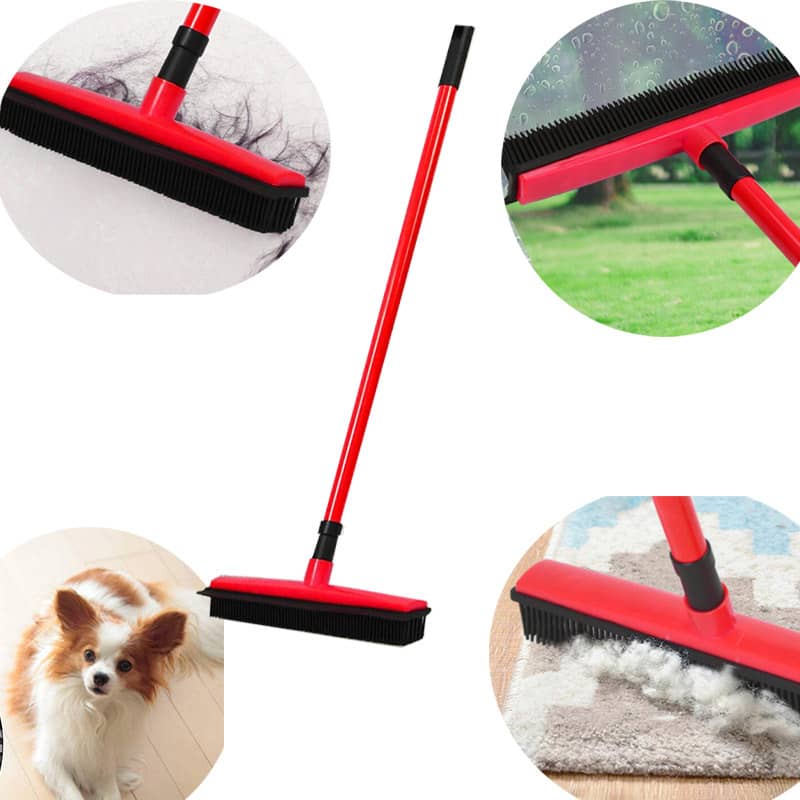 Clero red broomstick broom for pet hair removal on carpets and floors with rubber bristles