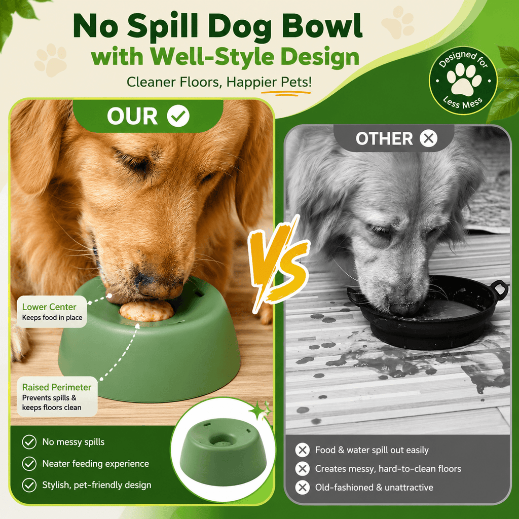 Clero no spill dog pet bowl in green with raised perimeter preventing spills and keeping food in place