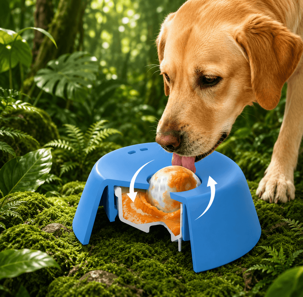 Clero blue interactive pet bowl with rotating ball for dogs to slow down eating outdoors