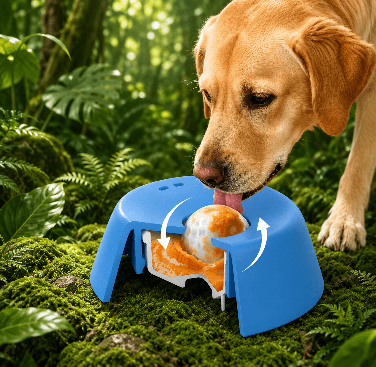 Clero blue interactive pet bowl with rotating ball for dogs to slow down eating outdoors