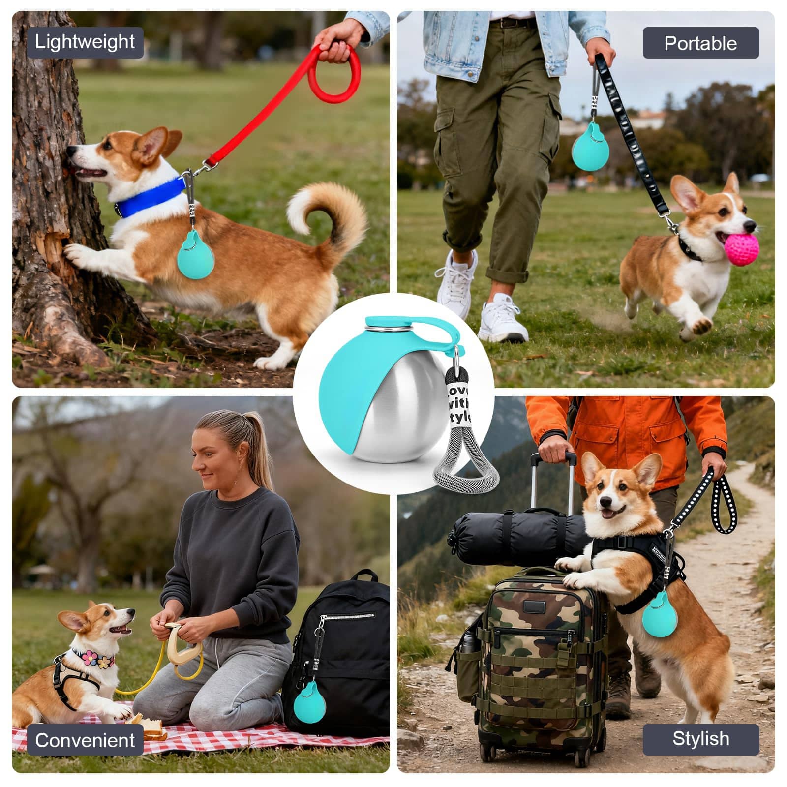 Clero owala water bottle pet accessory shown with corgi dogs during outdoor activities for lightweight, portable, convenient, and stylish use