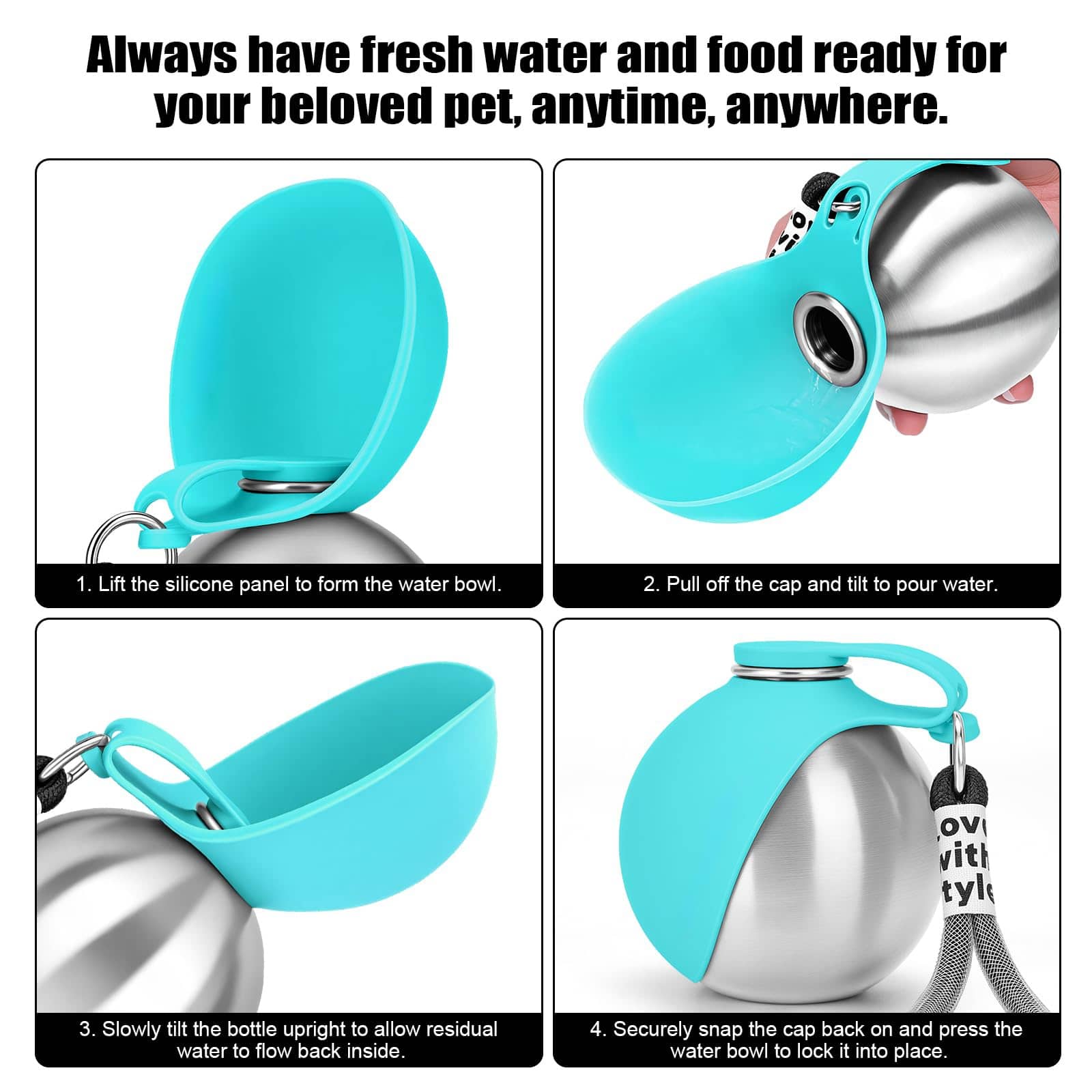 Clero pet accessories owala water bottle with blue silicone bowl for fresh water on the go