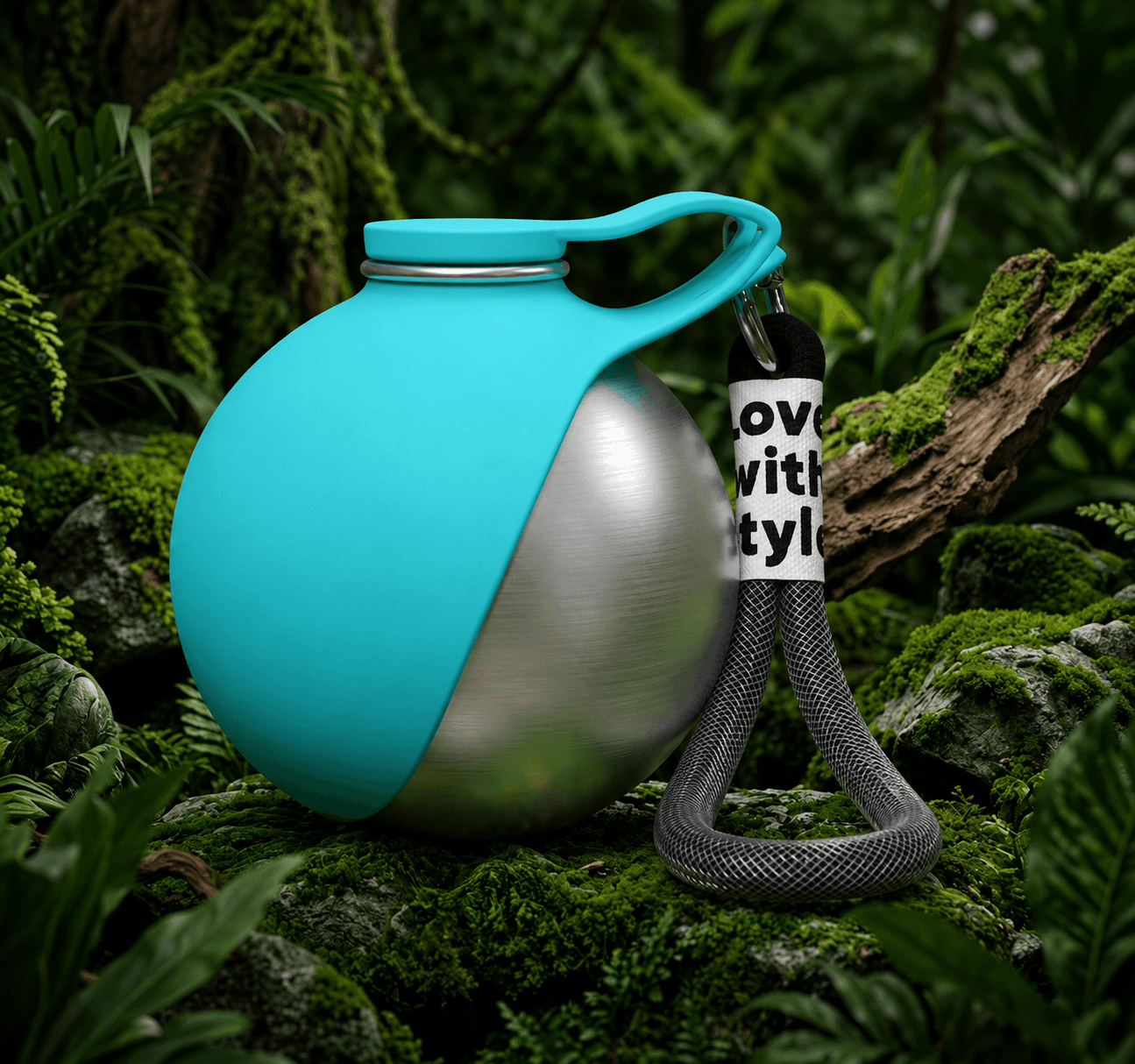 Clero owala water bottle with teal cover and attached black leash for pets outdoors