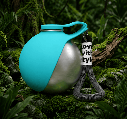 Clero owala water bottle with teal cover and attached black leash for pets outdoors