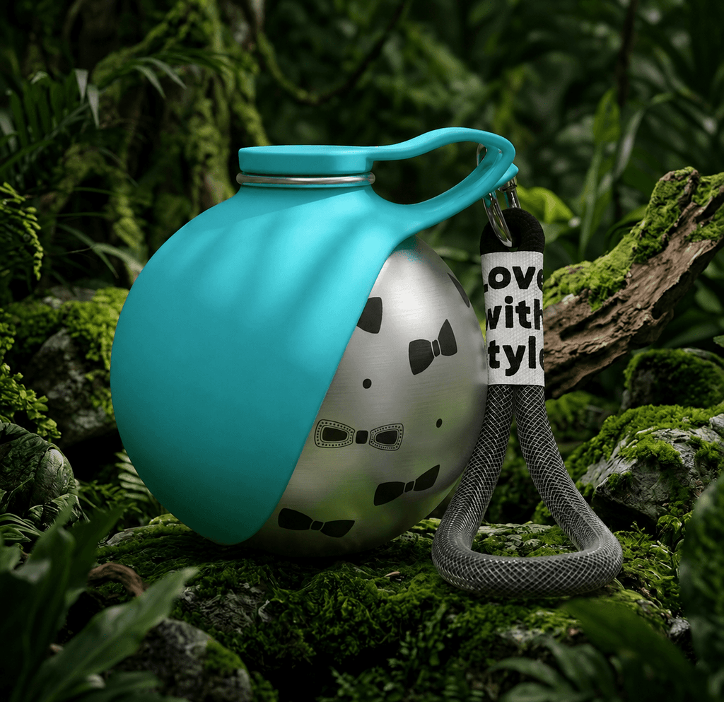 Clero owala water bottle in teal with stainless steel base and attached black strap for pets