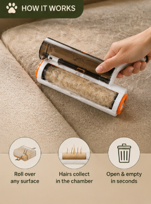 Clero pet accessory lint roller collecting hair with paper for toilet and easy emptying on beige fabric