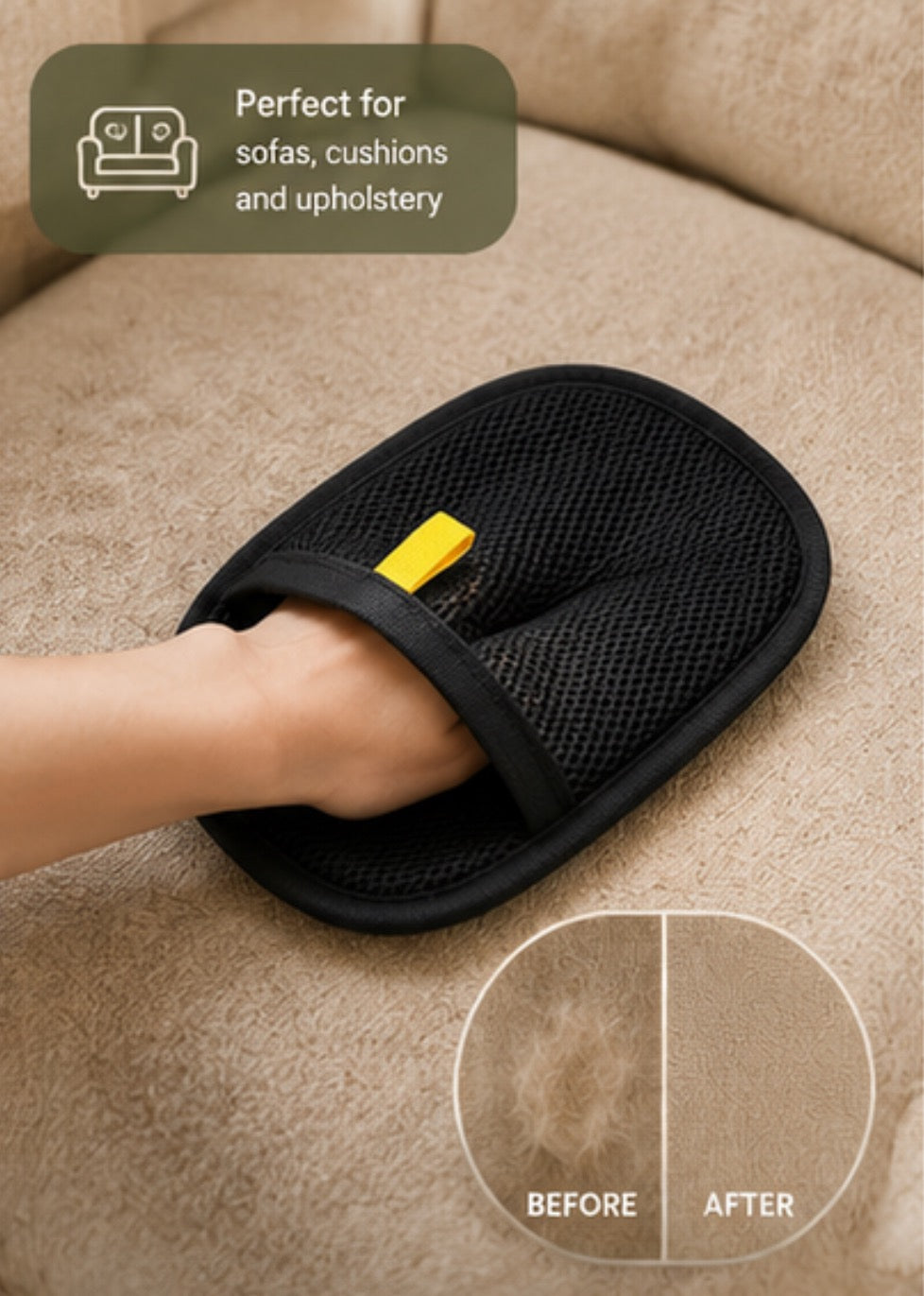 Clero sg pure pet hair remover mitt in black used on sofa upholstery showing before and after cleaning results
